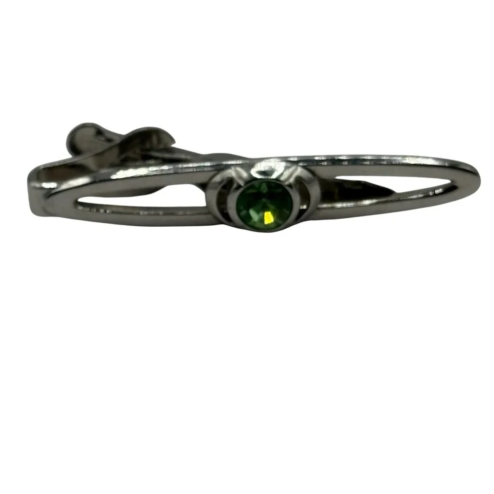 Swank Tie‎ Clip Bar Green Rhinestone Silver Tone Vintage Open Work Design Retro